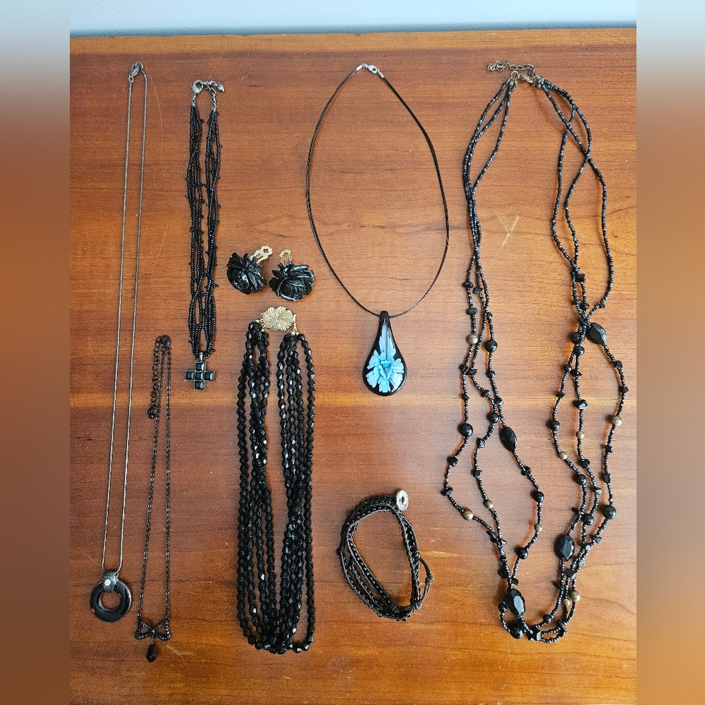 8 Piece Bundle Of Black Jewelry Necklaces And Clip On Earrings